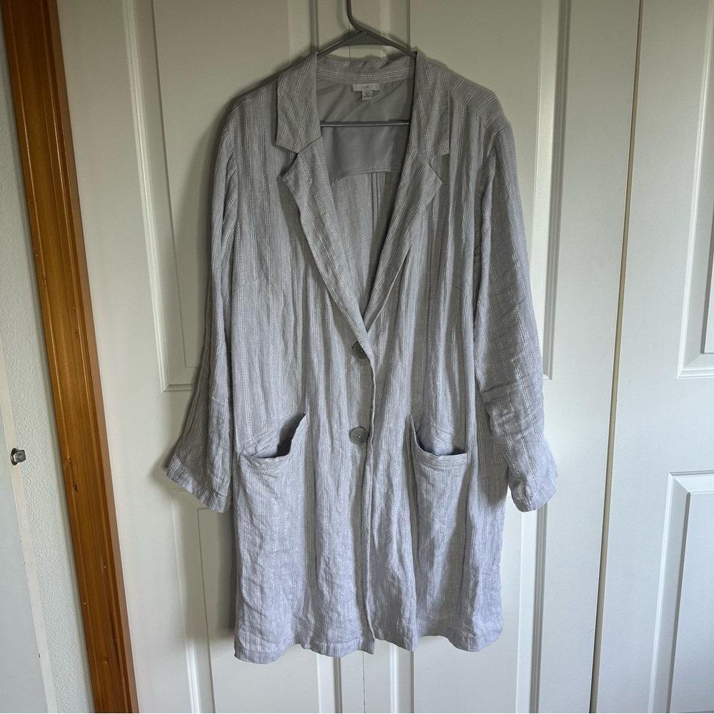J. Jill Light Gray Striped Linen Duster Blazer 100% Linen